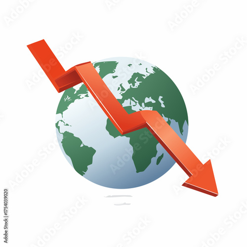 A red arrow pointing downwards across a globe, symbolizing global economic decline or a negative worldwide trend.