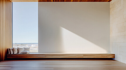 Modern interior space with natural light and wooden accents showcasing minimalistic design in an urban setting