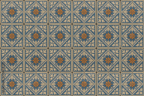Decorative Blue Tile Pattern With Orange Center Floral Motif Repeating Across Grid Design