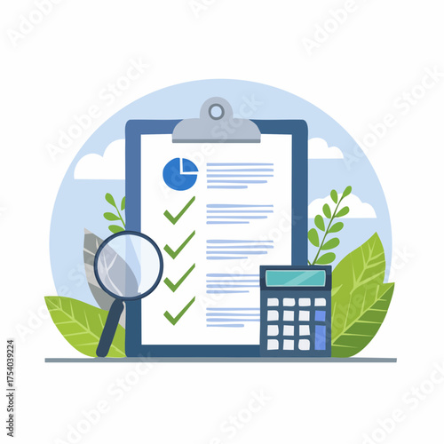 Financial audit and business analysis concept with clipboard, checklist, magnifying glass, and calculator.