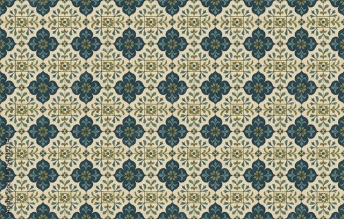 Elegant Geometric Tile Pattern With Floral Motifs In Blue And Beige Tones