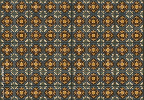 Decorative Ceramic Tile Pattern With Blue And Gold Floral Motifs In Repeating Grid For Interiors