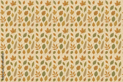 Autumn Leaf Pattern Wallpaper With Green And Gold Leaves On Beige Background for Home Decor