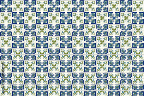 Blue and Green Floral Tile Pattern With Repeating Azulejo Style Ceramic Tiles