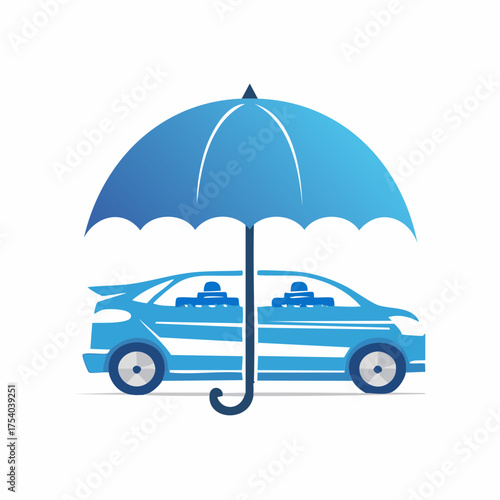 Blue car under an umbrella for insurance concept