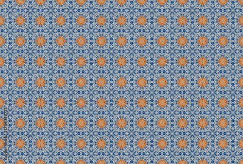 Decorative Blue and Orange Floral Tile Pattern Background with Repeating Geometric Motifs