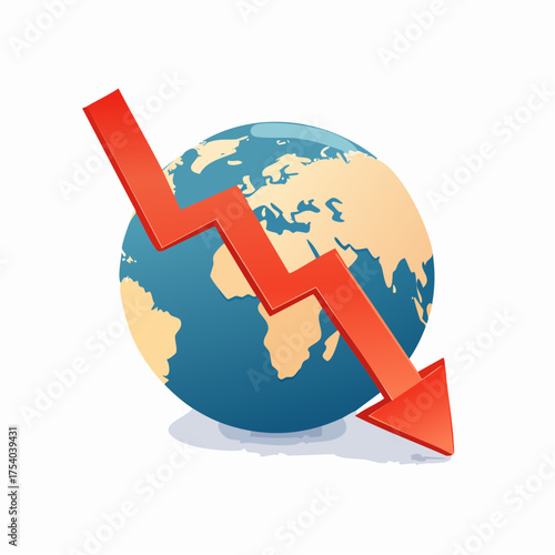A red arrow pointing down in front of the globe