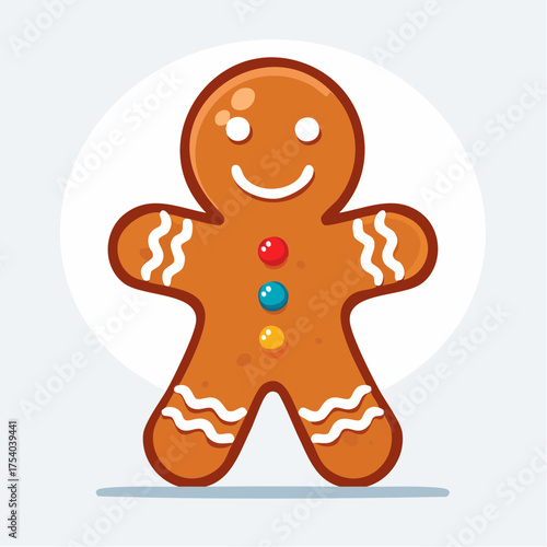 Cute smiling gingerbread man cookie with icing and colorful candy buttons, Christmas dessert illustration perfect for festive designs.