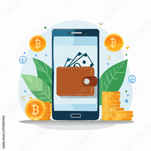 Digital wallet on smartphone with money and bitcoins