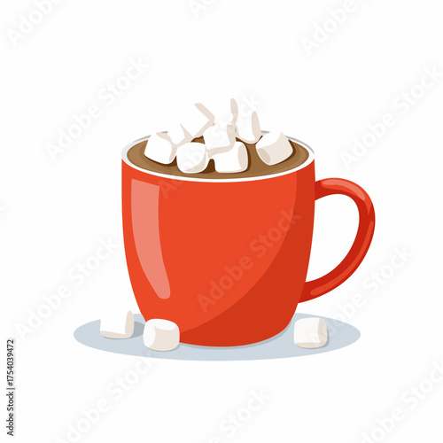 Warm red cup of hot chocolate with marshmallows, cozy winter drink vector illustration, perfect for Christmas and holiday designs.