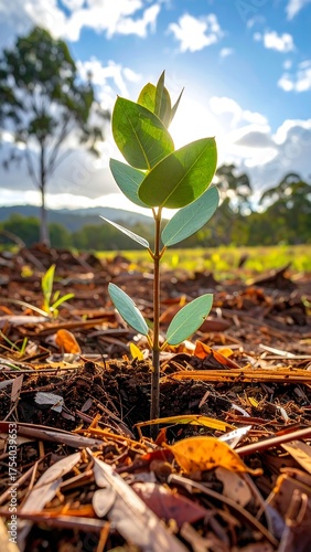 Small seedling growing in the soil with a sunny, bright sky