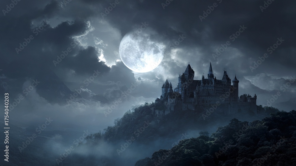 Fototapeta premium Horror Fantasy Setting with Isolated Castle and Apocalyptic Moonlight 
