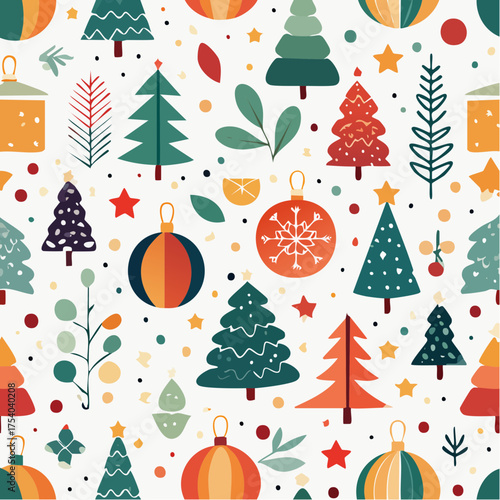 Seamless Christmas pattern with festive trees, ornaments, stars, and leaves. Ideal for wrapping paper, textiles, backgrounds, and holiday designs.