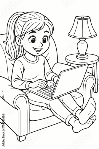 Black Line Art of a Woman Holding a Laptop