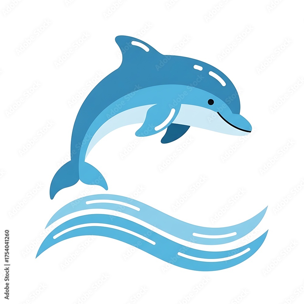 Fototapeta premium Happy Cartoon Dolphin Jumping Over Blue Ocean Wave.