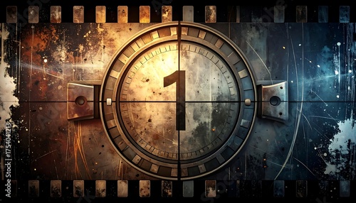 Abstract digital illustration of a film reel countdown clock with a rusted metal finish
