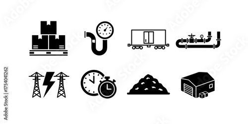 Industrial black and white vector icon set. Collection of manufacturing, energy, logistics, and engineering symbols for business and technology design.