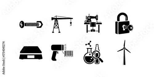 Industrial black and white vector icon set. Collection of manufacturing, energy, logistics, and engineering symbols for business and technology design.