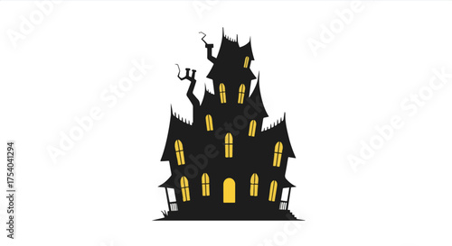 Spooky haunted house silhouette illustration for Halloween isolated on white background