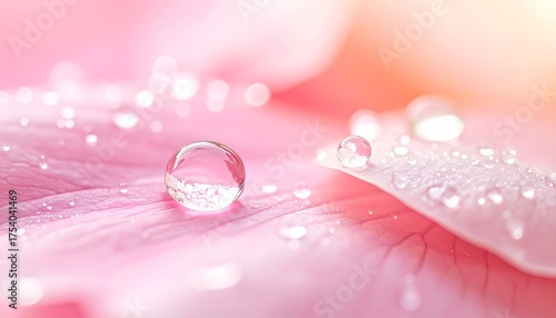 Close-up of delicate pink flower petals adorned with glistening water droplets, creating a serene atmosphere
