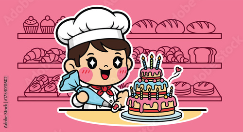 Cute Cartoon Baker Decorating Birthday Cake with Icing Bag, Bakery Background Illustration
