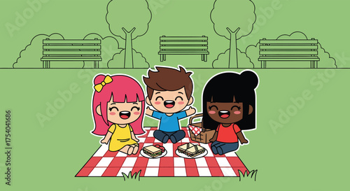 Happy children enjoying a picnic in the park with a checkered blanket, food, and trees around them, creating a cheerful and playful scene.