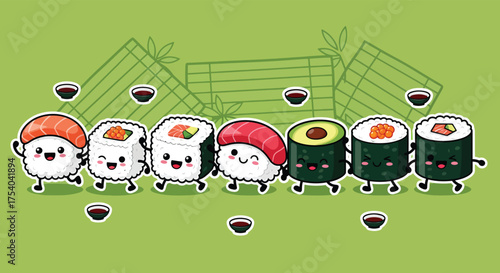 Cute sushi characters holding hands walking on green surface with soy sauce bowls and bamboo mat, creating a playful and cheerful atmosphere.