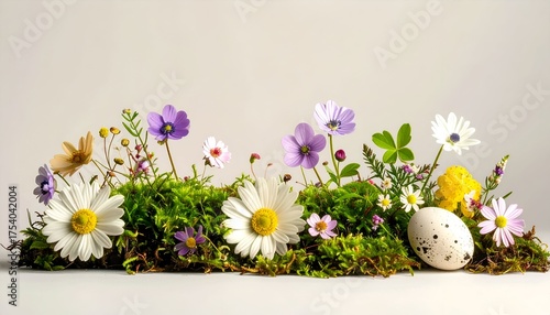 A vibrant arrangement of colorful wildflowers and a speckled egg on lush green moss, symbolizing spring