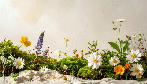 Vibrant display of wildflowers and greenery against a soft, neutral background, evoking serenity