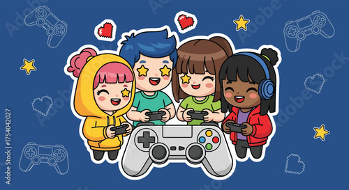 Enthusiastic children playing video games together in a cozy room, enjoying the fun and excitement of gaming with friends, creating a joyful and playful atmosphere.