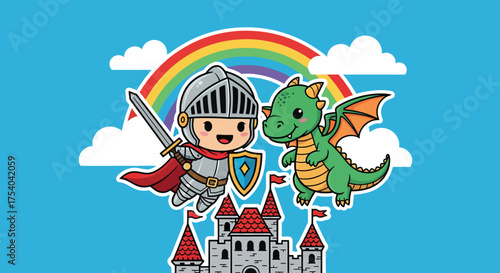 Cute knight and dragon standing near castle under rainbow in whimsical scene, evoking fairytale magic and childhood wonder.