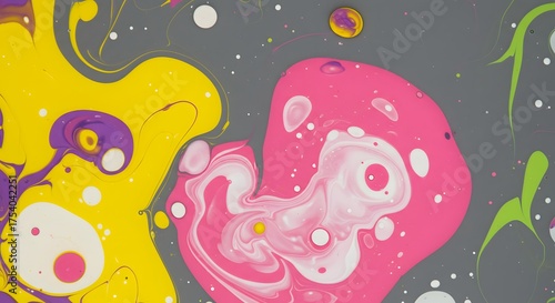 Abstract artwork with vibrant yellow, pink, purple, and green liquid paint swirling on a gray background