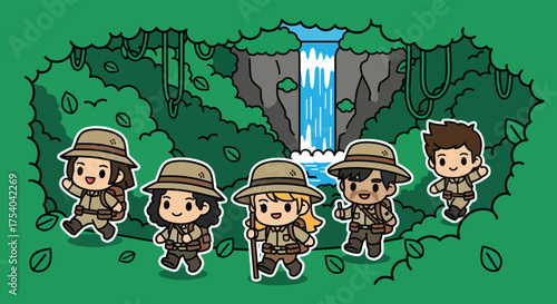 Group of cartoon explorers trekking through lush jungle towards cascading waterfall with vibrant greenery and playful, adventurous spirit.