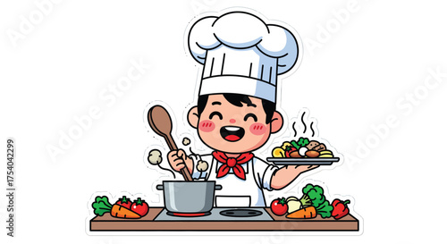 Happy chef cooking delicious meal in kitchen, preparing food with fresh ingredients and smiling cheerfully, creating tasty dish.