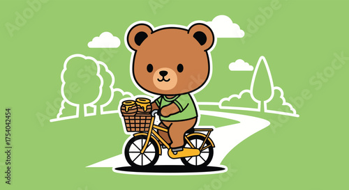 Cute bear riding bicycle on green path through park with basket full of treats, enjoying a sunny day and outdoor adventure.