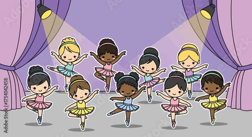 Diverse group of young ballerinas performing on stage under spotlights, showcasing grace and teamwork in a vibrant and joyful performance.