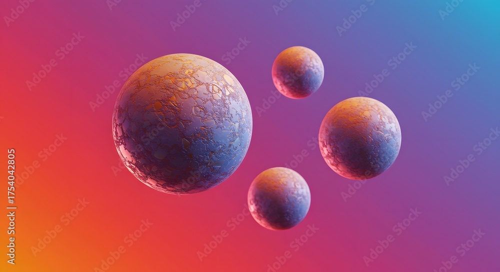 Naklejka premium Abstract 3D rendering of planets and spheres in a gradient background