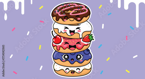 Stack of cute donuts with various toppings smiling on a purple background with sprinkles, creating a playful and delicious scene.