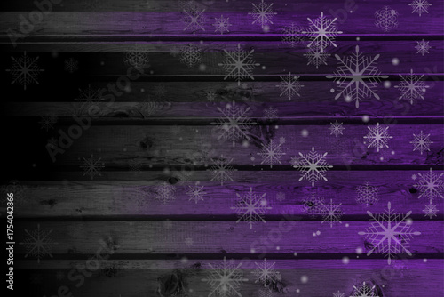 Black and violet snowflakes on the grunge wooden background. Abstract winter vector design