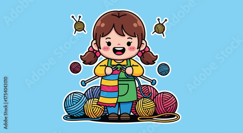 Girl knitting colorful scarf with yarn balls on light blue backdrop, showcasing a cozy and creative hobby, perfect for crafting enthusiasts.
