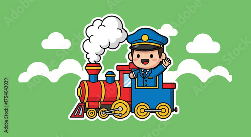 Cartoon train conductor waving from the locomotive cab with steam billowing against a green backdrop with fluffy clouds, creating a cheerful and whimsical scene.
