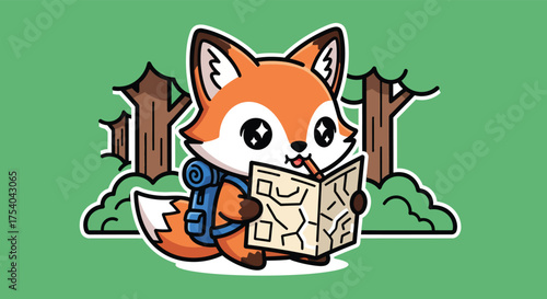 Cute fox reads a map while backpacking through a forest of trees, enjoying the outdoors and planning his adventure, creating a whimsical and adventurous scene.