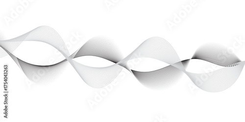 Abstract black and white wave line pattern on white background, smooth flowing curve with dotted mesh texture, modern minimal design concept for technology, sound wave, or digital background.