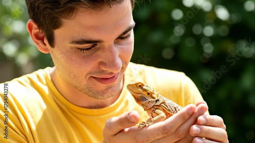 Young man gently holding a pet bearded dragon in his hands. Close-up of a person and their exotic reptile outdoors. Human and animal connection concept