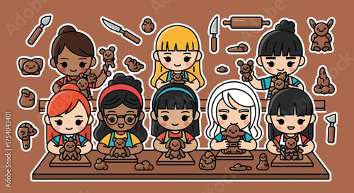 Group of diverse young girls sculpting clay teddy bears at a table in an art class, showcasing creativity and friendship in a fun and educational setting.