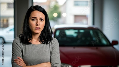 A worried woman reacts with shock and fear. Close-up of a person receiving bad news about a car problem. Concept of stress, anxiety and disbelief