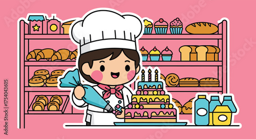 Cartoon baker decorating a tiered cake with frosting in a bakery filled with pastries, creating a sweet and cheerful scene.