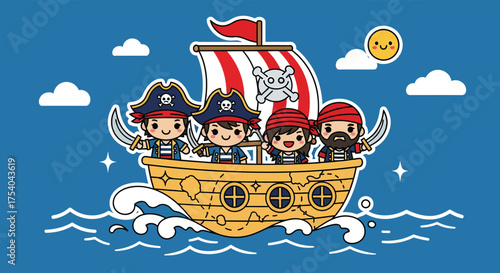 Cute pirates sailing on a wooden ship across the blue sea with white clouds and a smiling sun, creating a whimsical and adventurous scene.