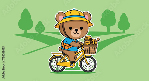 Cute bear riding bicycle through green hills with basket full of sandwiches, enjoying a sunny day in the countryside.