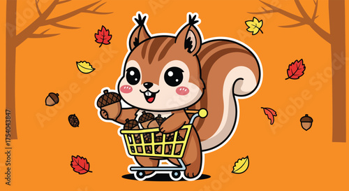 Cute squirrel pushes shopping cart filled with acorns on skateboard through autumn leaves, creating a whimsical and playful scene.